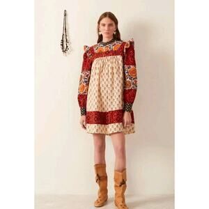 NWT ALIX OF BOHEMIA Sophia Patchwork Ruffle Shoulder Long Sleeve Mini Dress S